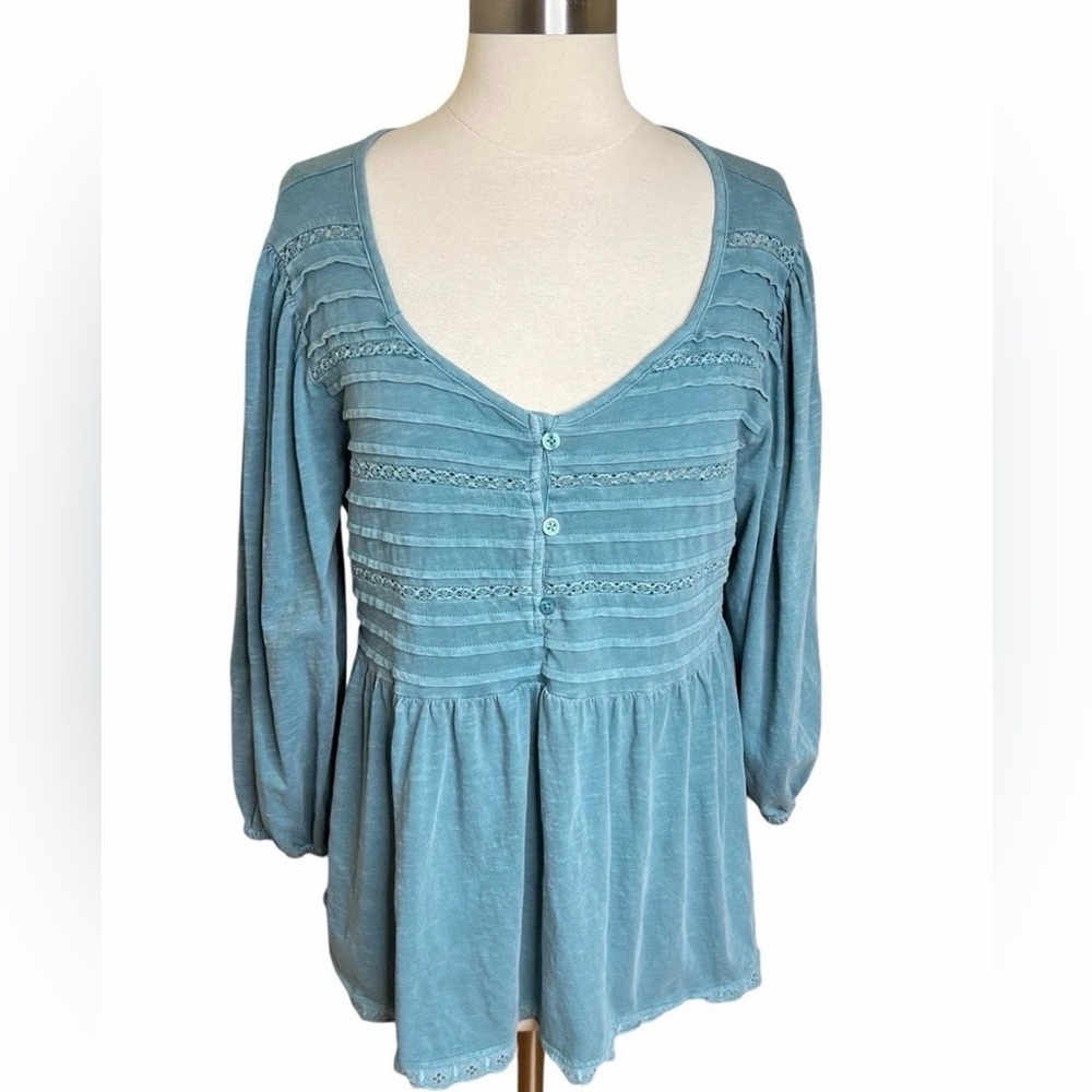 LOGO by Lori Goldstein Top Womens M Blue Cotton Babydoll Pintuck Detail Boho